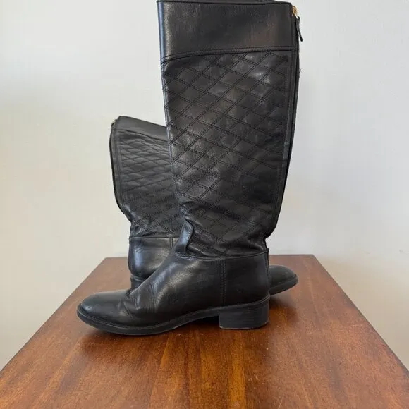 Tory Burch Claremont Quilted Pattern Leather Riding Boots Black