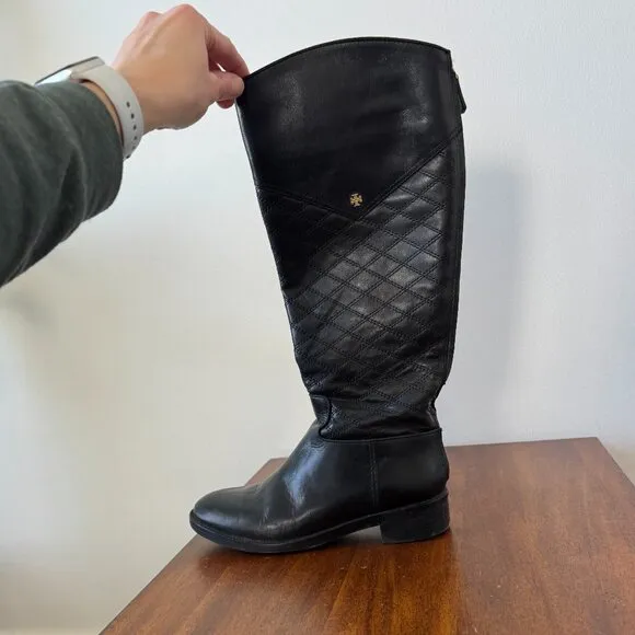 Tory Burch Claremont Quilted Pattern Leather Riding Boots Black