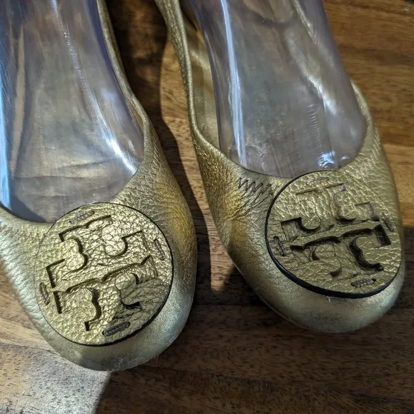 Tory Burch Metallic Gold Minnie‎ Travel Logo Ballet Flats Sz 8