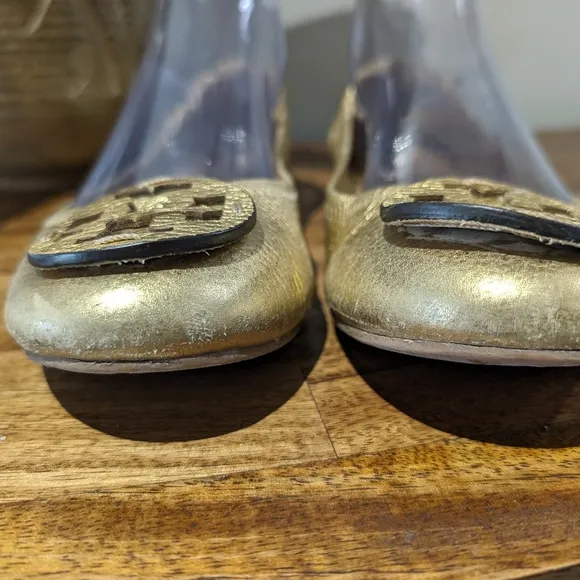 Tory Burch Metallic Gold Minnie‎ Travel Logo Ballet Flats Sz 8
