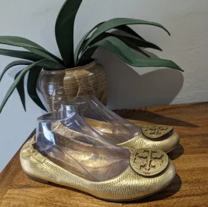 Tory Burch Metallic Gold Minnie‎ Travel Logo Ballet Flats Sz 8