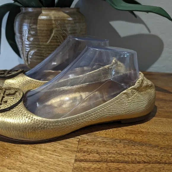 Tory Burch Metallic Gold Minnie‎ Travel Logo Ballet Flats Sz 8