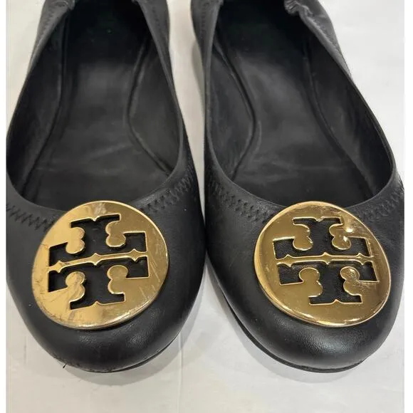 Tory Burch Minnie Travel Ballet Flats Black Leather Gold Metal Size 7