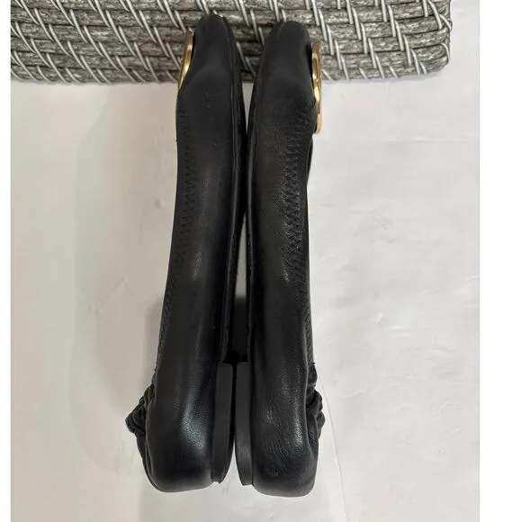 Tory Burch Minnie Travel Ballet Flats Black Leather Gold Metal Size 7