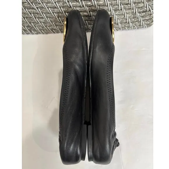 Tory Burch Minnie Travel Ballet Flats Black Leather Gold Metal Size 7