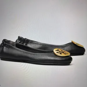 Tory Burch Minnie Travel Ballet Flats Black Leather Gold Metal Size 7