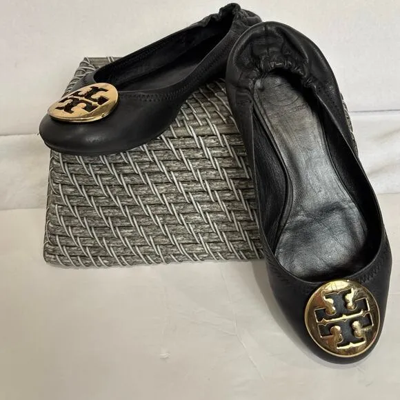 Tory Burch Minnie Travel Ballet Flats Black Leather Gold Metal Size 7