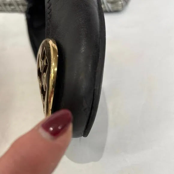 Tory Burch Minnie Travel Ballet Flats Black Leather Gold Metal Size 7