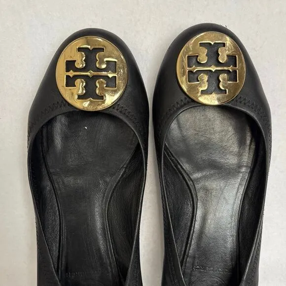 Tory Burch Minnie Travel Ballet Flats Black Leather Gold Metal Size 7