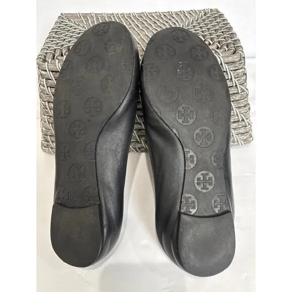 Tory Burch Minnie Travel Ballet Flats Black Leather Gold Metal Size 7