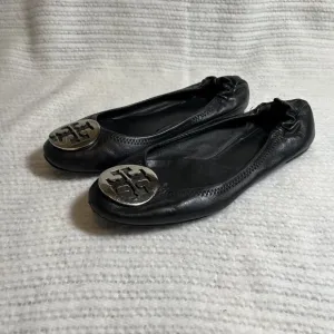 Tory Burch Minnie Travel Ballet Flats Black Silver Size 8.5
