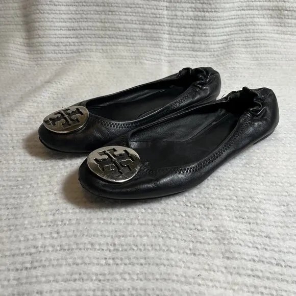 Tory Burch Minnie Travel Ballet Flats Black Silver Size 8.5