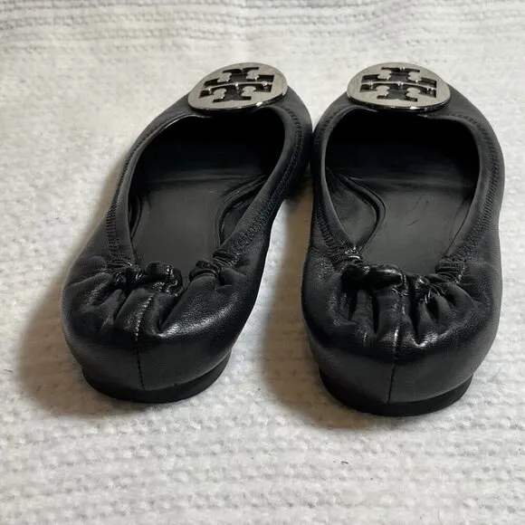 Tory Burch Minnie Travel Ballet Flats Black Silver Size 8.5