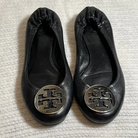 Tory Burch Minnie Travel Ballet Flats Black Silver Size 8.5