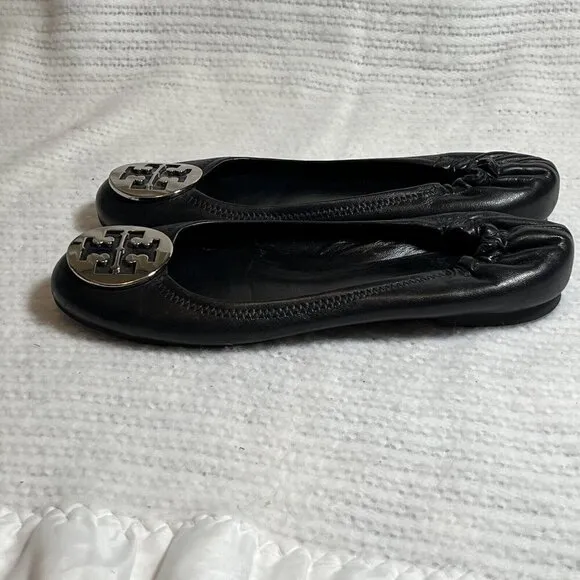 Tory Burch Minnie Travel Ballet Flats Black Silver Size 8.5