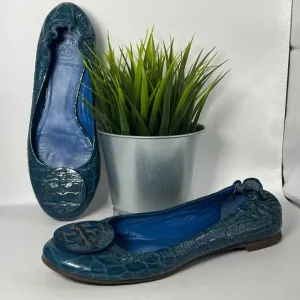 Tory Burch Minnie Travel Ballet Flats Croc Embossed Leather Blue/Teal Size 6