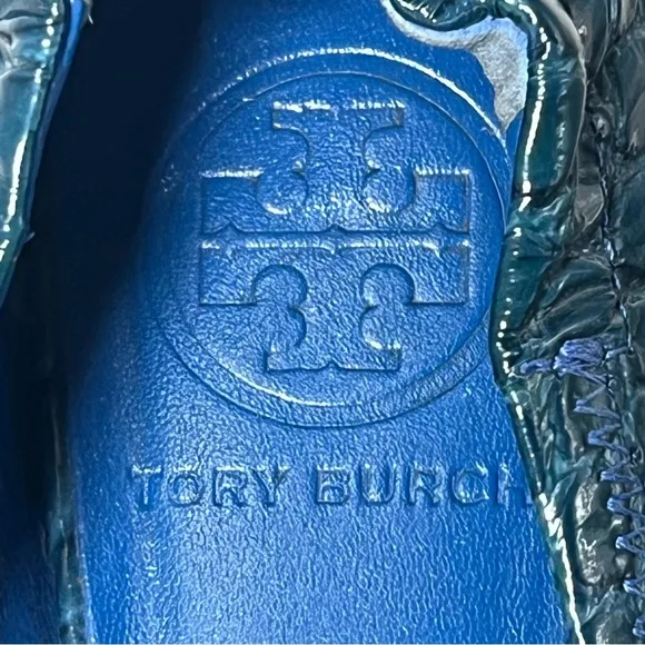 Tory Burch Minnie Travel Ballet Flats Croc Embossed Leather Blue/Teal Size 6