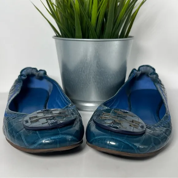 Tory Burch Minnie Travel Ballet Flats Croc Embossed Leather Blue/Teal Size 6