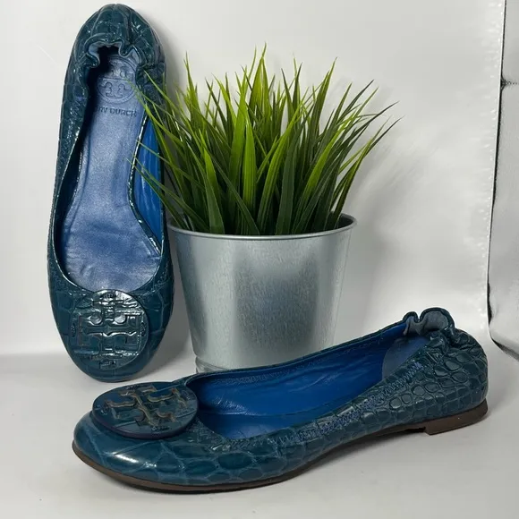 Tory Burch Minnie Travel Ballet Flats Croc Embossed Leather Blue/Teal Size 6