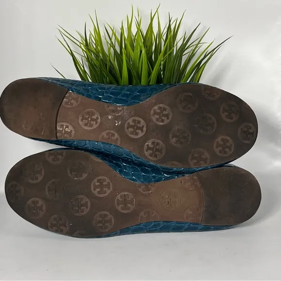 Tory Burch Minnie Travel Ballet Flats Croc Embossed Leather Blue/Teal Size 6
