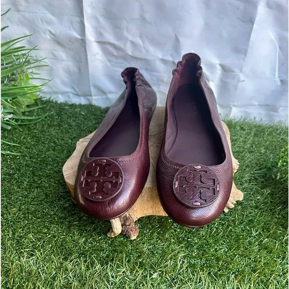 Tory Burch MINNIE TRAVEL BALLET FLATS WITH LEATHER LOGO GOAT LEATHER Plum 7 new