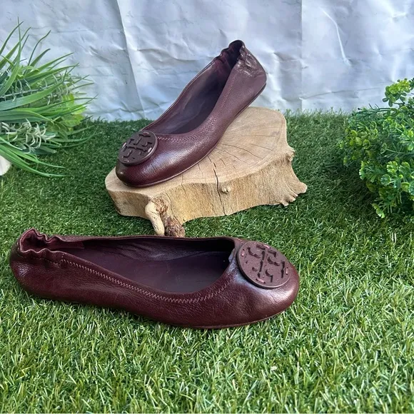 Tory Burch MINNIE TRAVEL BALLET FLATS WITH LEATHER LOGO GOAT LEATHER Plum 7 new