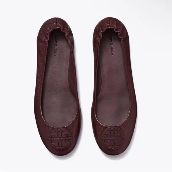 Tory Burch MINNIE TRAVEL BALLET FLATS WITH LEATHER LOGO GOAT LEATHER Plum 7 new