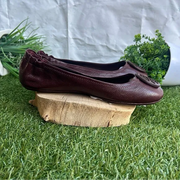 Tory Burch MINNIE TRAVEL BALLET FLATS WITH LEATHER LOGO GOAT LEATHER Plum 7 new