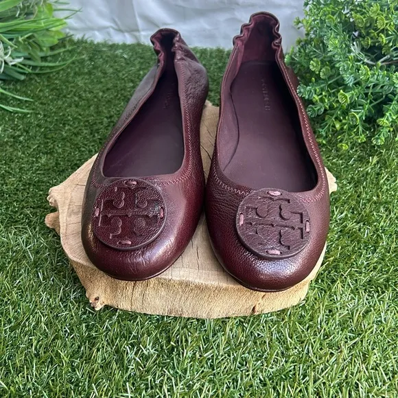 Tory Burch MINNIE TRAVEL BALLET FLATS WITH LEATHER LOGO GOAT LEATHER Plum 7 new