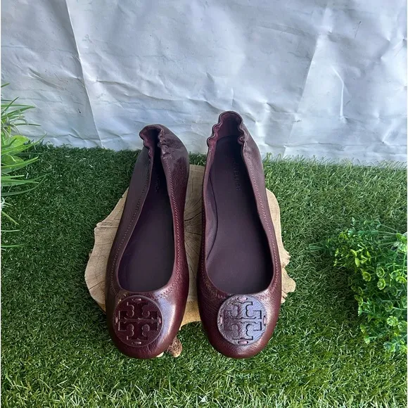 Tory Burch MINNIE TRAVEL BALLET FLATS WITH LEATHER LOGO GOAT LEATHER Plum 7 new
