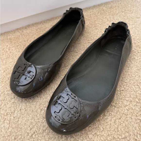 Tory Burch Minnie Travel Ballet Patent Leather Travel Flats, Moss Sz. 8M