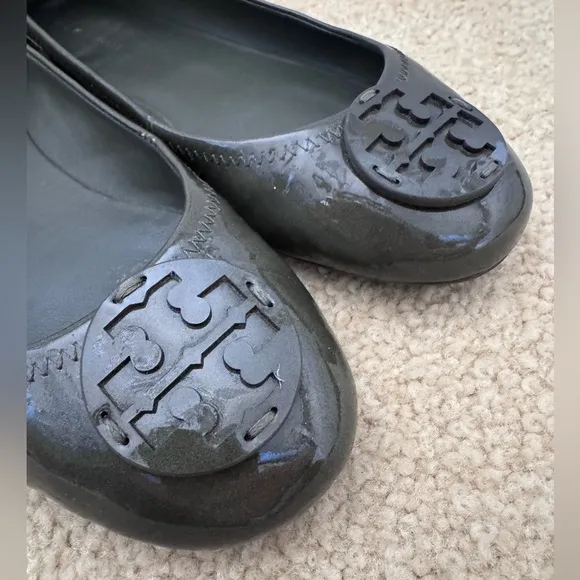 Tory Burch Minnie Travel Ballet Patent Leather Travel Flats, Moss Sz. 8M