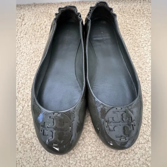Tory Burch Minnie Travel Ballet Patent Leather Travel Flats, Moss Sz. 8M