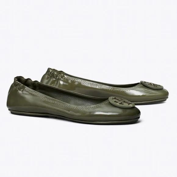 Tory Burch Minnie Travel Ballet Patent Leather Travel Flats, Moss Sz. 8M