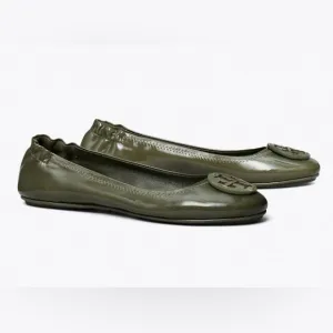 Tory Burch Minnie Travel Ballet Patent Leather Travel Flats, Moss Sz. 8M