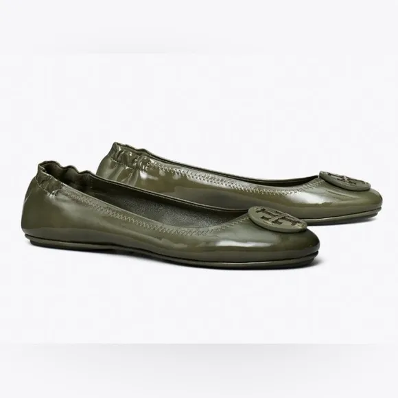Tory Burch Minnie Travel Ballet Patent Leather Travel Flats, Moss Sz. 8M