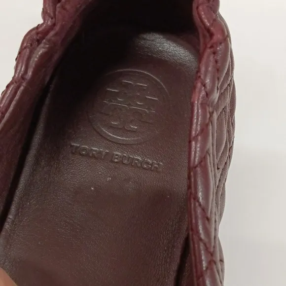 Tory Burch Minnie Travel Quilted Burgundy Leather Logo Ballet Flats