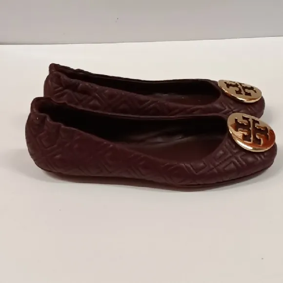 Tory Burch Minnie Travel Quilted Burgundy Leather Logo Ballet Flats