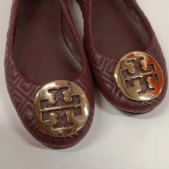 Tory Burch Minnie Travel Quilted Burgundy Leather Logo Ballet Flats