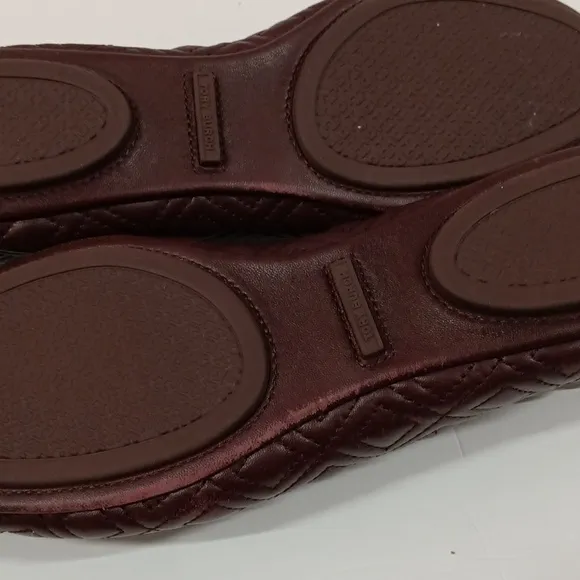 Tory Burch Minnie Travel Quilted Burgundy Leather Logo Ballet Flats