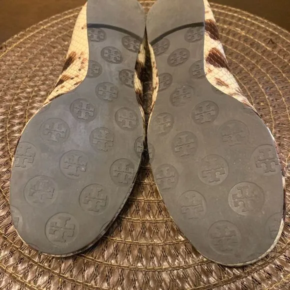 Tory Burch Minnie Travel Ballet Flat 7 M Snake Printed Leather Warm Roccia EUC