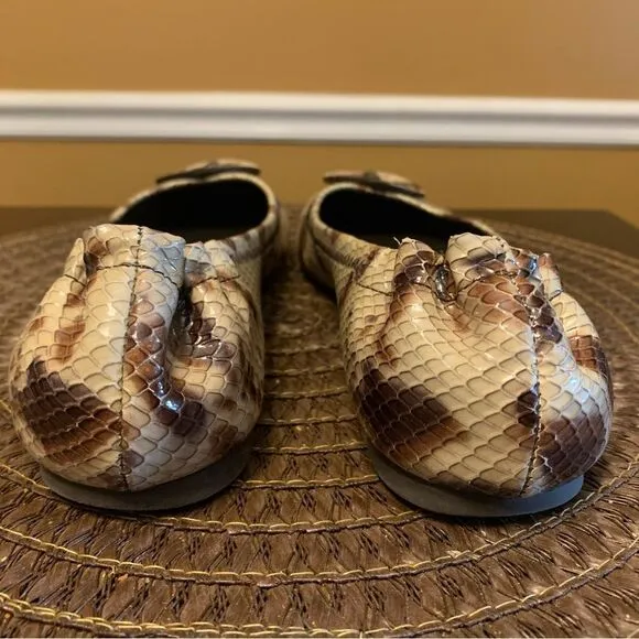 Tory Burch Minnie Travel Ballet Flat 7 M Snake Printed Leather Warm Roccia EUC