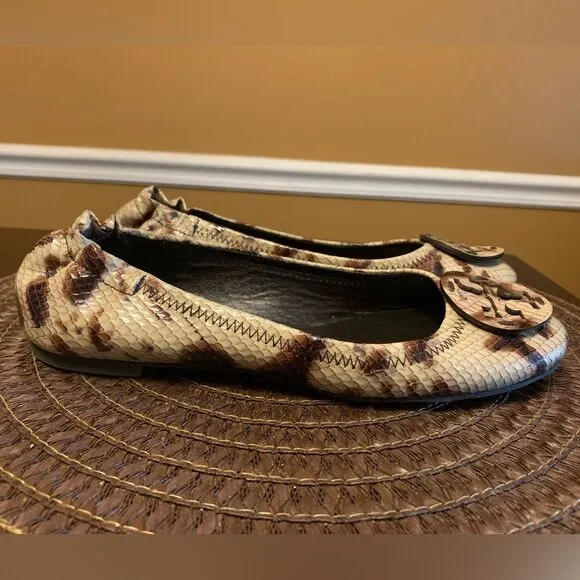 Tory Burch Minnie Travel Ballet Flat 7 M Snake Printed Leather Warm Roccia EUC