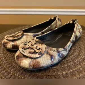 Tory Burch Minnie Travel Ballet Flat 7 M Snake Printed Leather Warm Roccia EUC