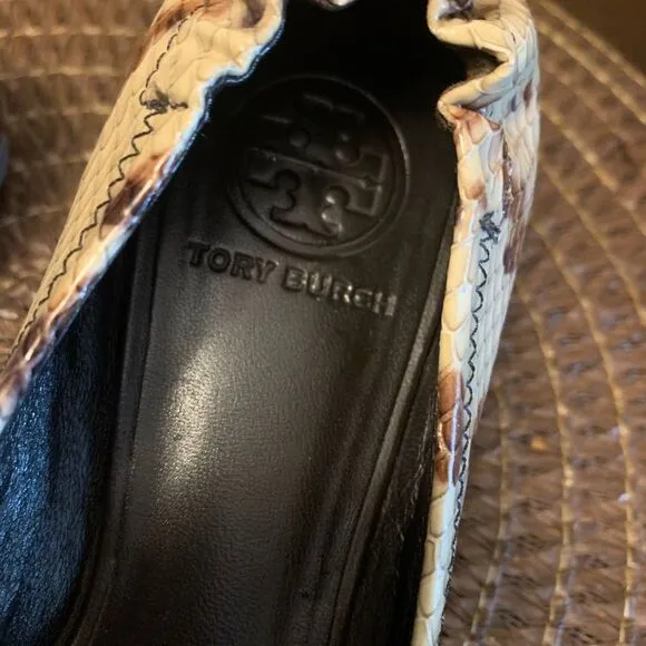 Tory Burch Minnie Travel Ballet Flat 7 M Snake Printed Leather Warm Roccia EUC