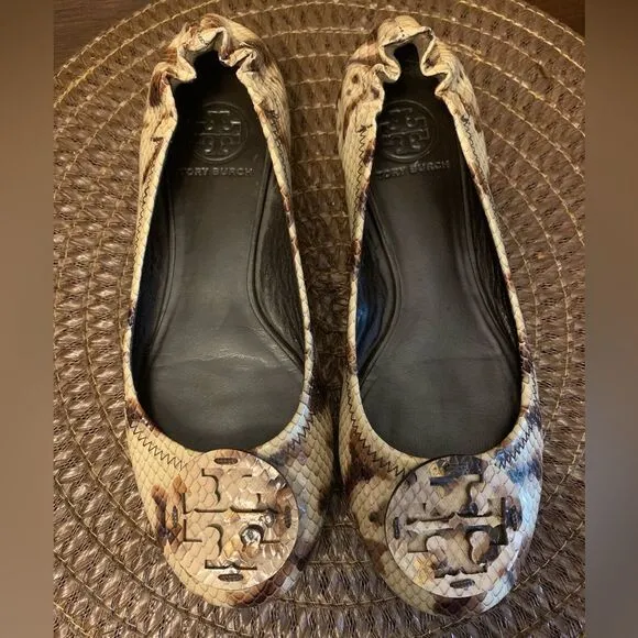 Tory Burch Minnie Travel Ballet Flat 7 M Snake Printed Leather Warm Roccia EUC