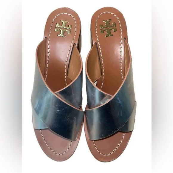 Tory Burch Montrose Stacked Block Heel in Silver, Size 6.5M
