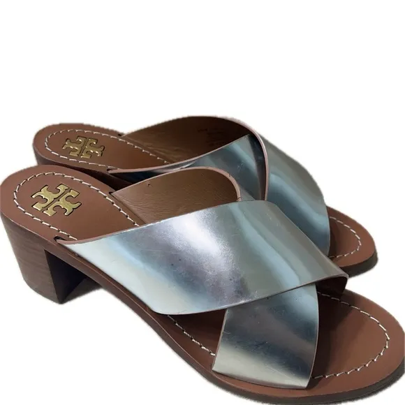 Tory Burch Montrose Stacked Block Heel in Silver, Size 6.5M