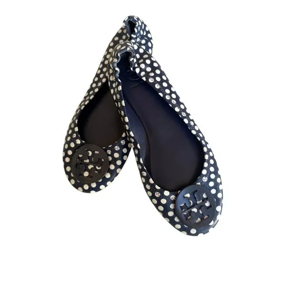 Tory Burch Navy Blue Polka Dot Minnie Travel Ballet Flats Size 7 Leather Upper &amp;