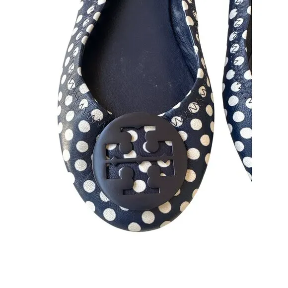 Tory Burch Navy Blue Polka Dot Minnie Travel Ballet Flats Size 7 Leather Upper &amp;